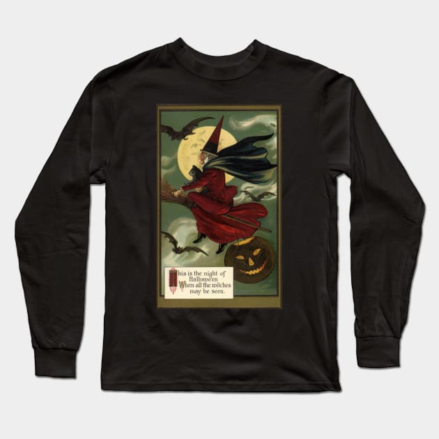 Vintage Halloween, Witch on a Broomstick Long Sleeve T-Shirt by MasterpieceCafe